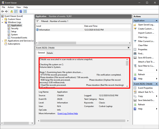 Event Viewer shows chkdsk results in Windows 10