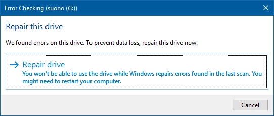 The Repair drive window in Error Checking in Windows 10