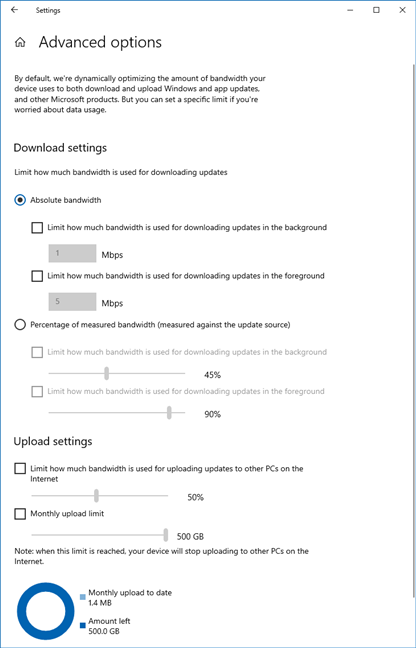 Advanced options for controlling the bandwidth used for Windows 10 updates