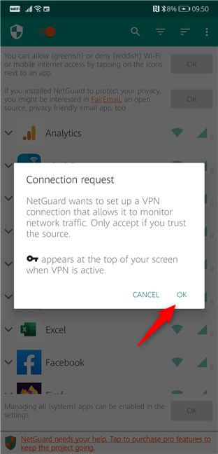 NetGuard VPN connection request