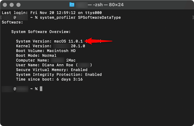Check the macOS version in Terminal from the System Software Overview