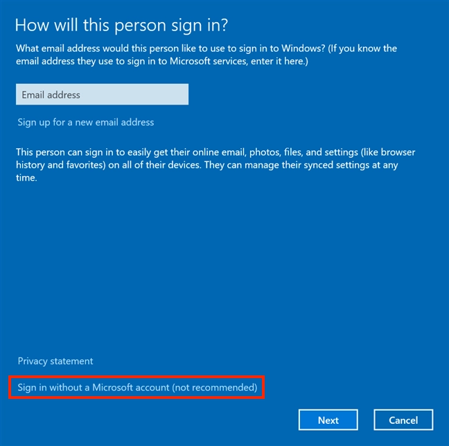 Choose to add a non-Microsoft account