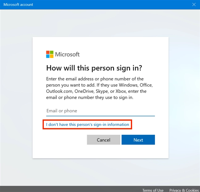 Avoid creating a Microsoft account