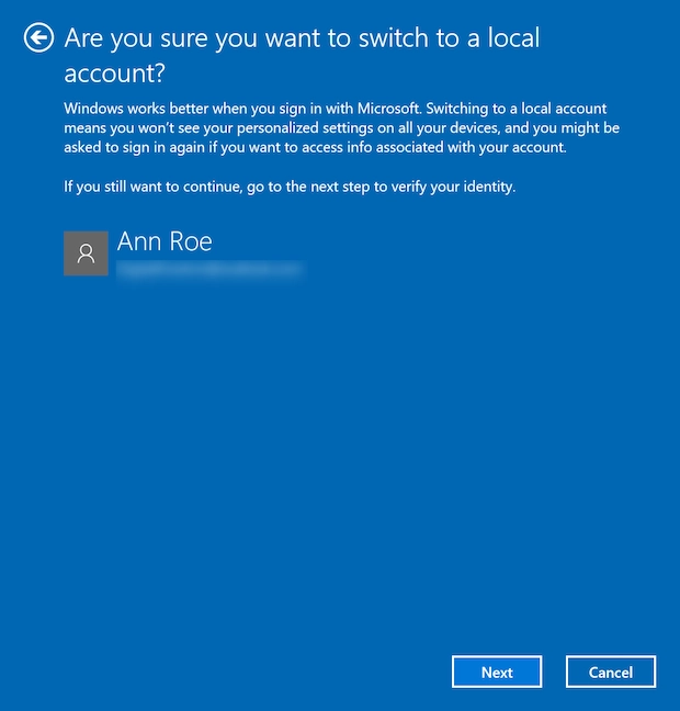 Switching to a local account in Windows 10
