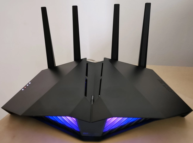 The RGB lighting on the front of the ASUS RT-AX82U