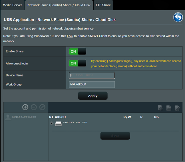 Allow guest login on your USB drive