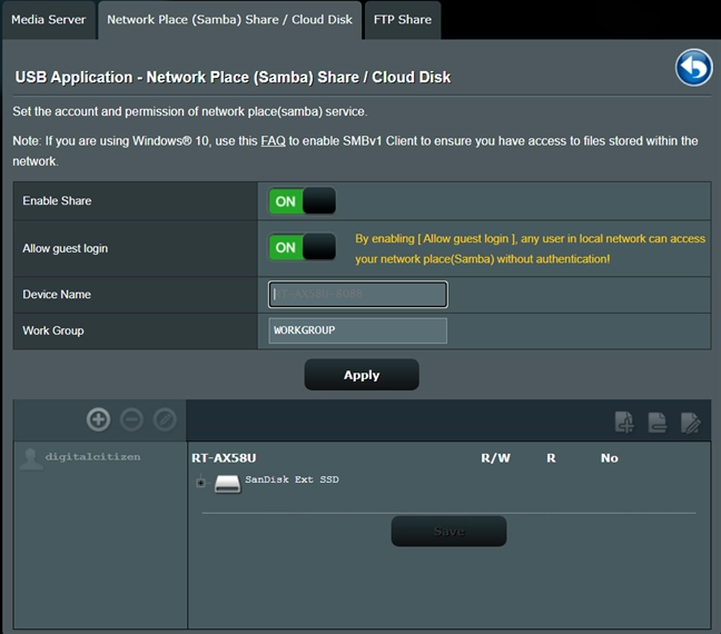 Allow guest login on your USB drive