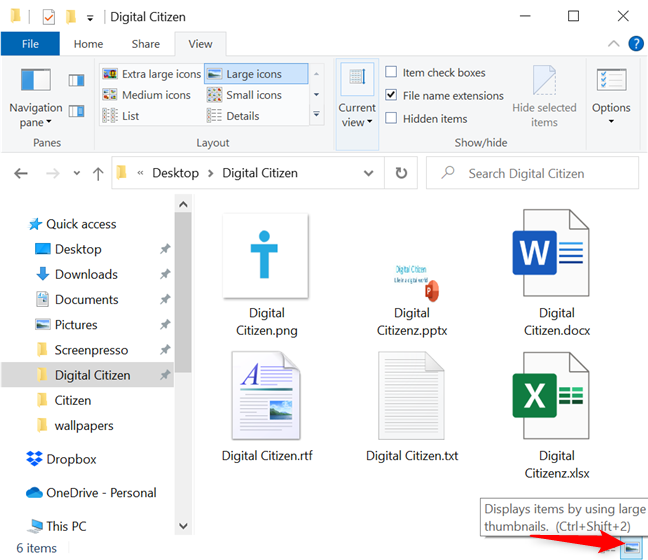 File Explorer displays by default a shortcut for Large icons