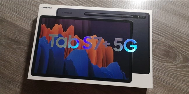 The box of the Samsung Galaxy Tab S7+ Android tablet
