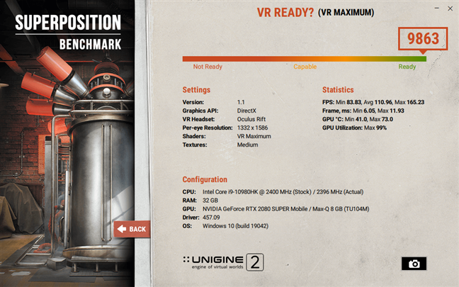 MSI GE66 Raider 10SGS gaming laptop benchmark: Unigine Superposition