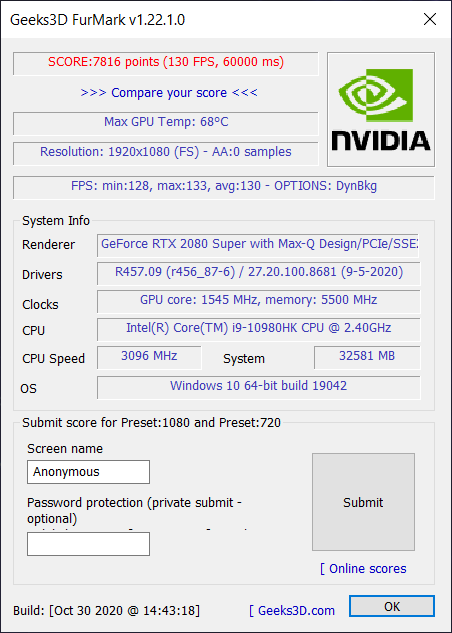 MSI GE66 Raider 10SGS gaming laptop benchmark: FurMark
