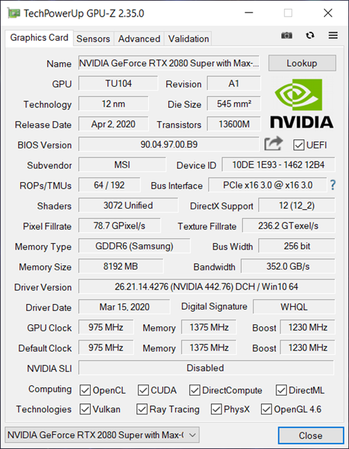 MSI GE66 Raider 10SGS gaming laptop: GPU details