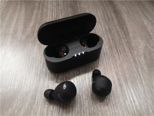 The Panasonic RZ-S500W earphones and the charging case open