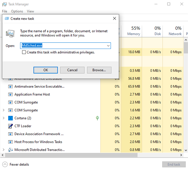 Run MdSched.exe from Task Manager