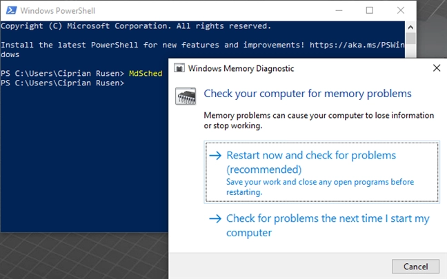 Start Windows Memory Diagnostic from PowerShell