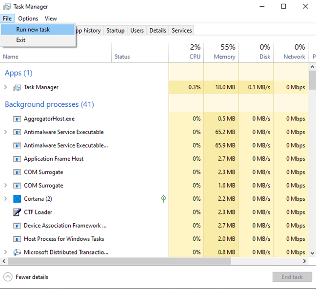 Run a new task from Task Manager