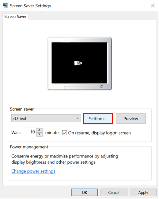Press Settings to access additional options for your Windows 10 screen saver