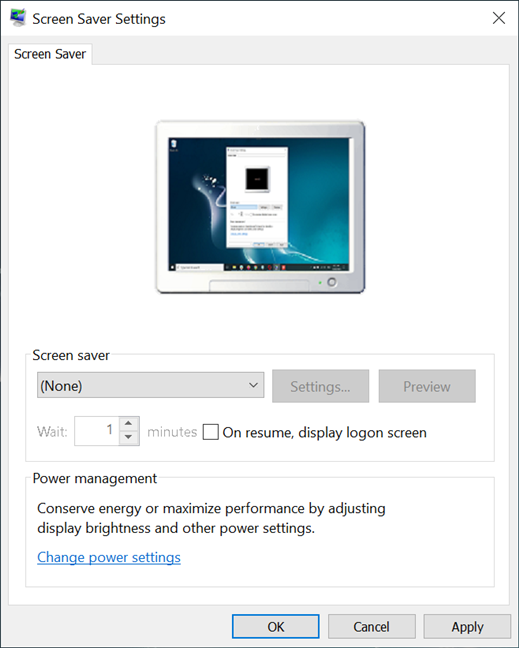 The Windows 10 Screen Saver Settings window