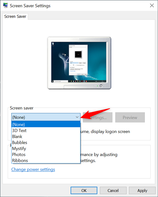 Access the Screen saver drop-down menu to see the options available in Windows 10