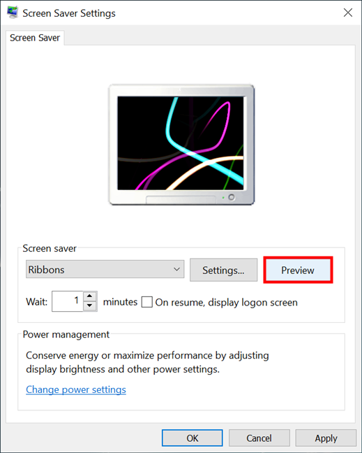 Press Preview to experience the Windows 10 screensaver