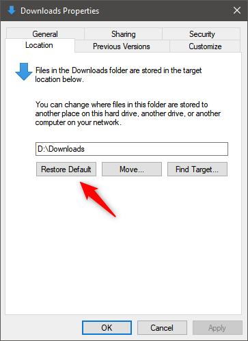 Restore Downloads folder Windows 10