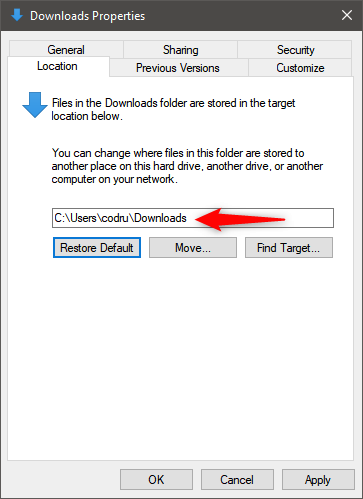 The default location of the Downloads folder in Windows 10