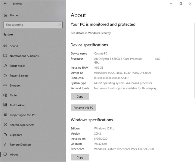 Windows 10 Pro, Version 20H2, OS build 19042.630