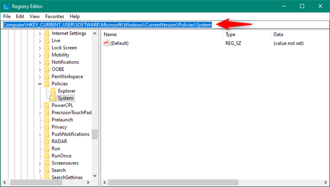 Computer\HKEY_CURRENT_USER\SOFTWARE\Microsoft\Windows\CurrentVersion\Policies\System