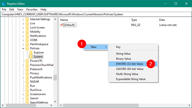 Creating a new DWORD (32-bit) Value in Registry Editor