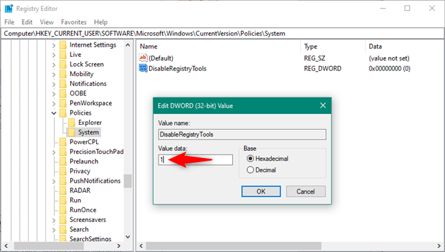 Setting the value DisableRegistryTools to 1