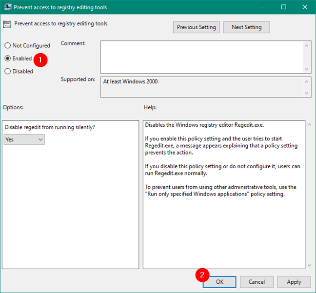 Enable Prevent access to registry editing tools