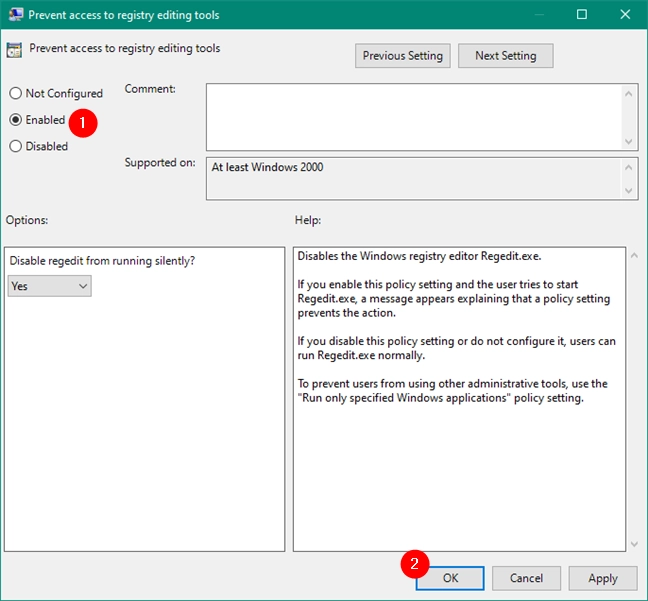 Enable Prevent access to registry editing tools