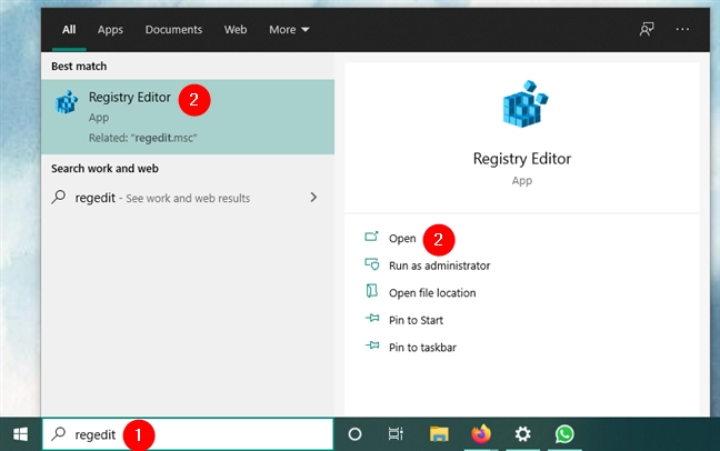 Opening Registry Editor (regedit) using search on Windows 10