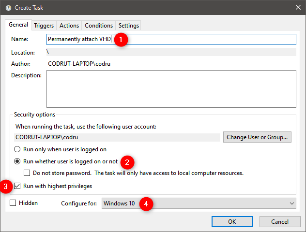 How to permanently attach a VHD: General settings for the task