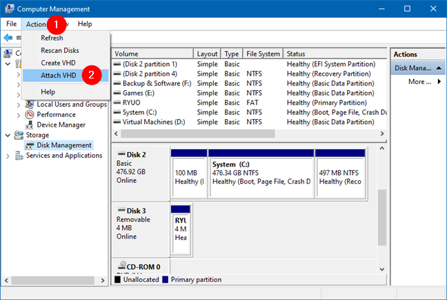 Attach VHD in the Actions menu from Disk Management