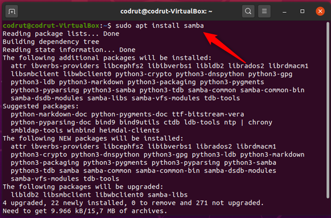 Running sudo apt install samba in Ubuntu Linux