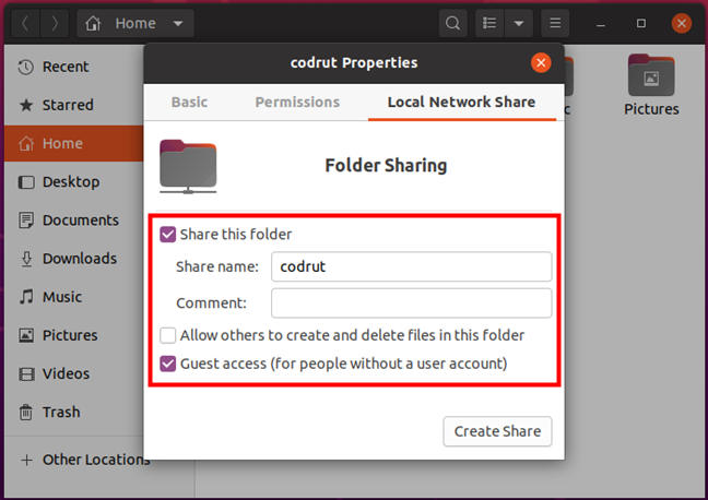 Configuring how the folder is shared in Ubuntu Linux