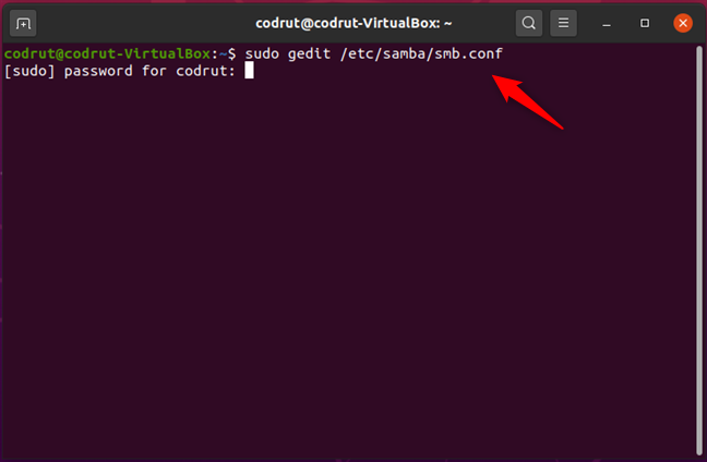 Running sudo gedit /etc/samba/smb.conf in Ubuntu Linux