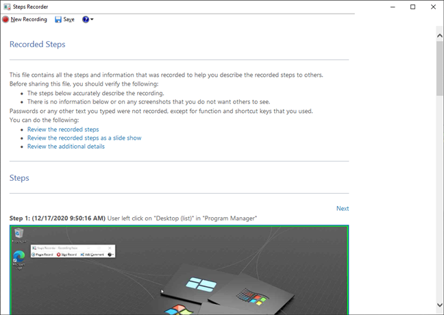 Recording details from Steps Recorder