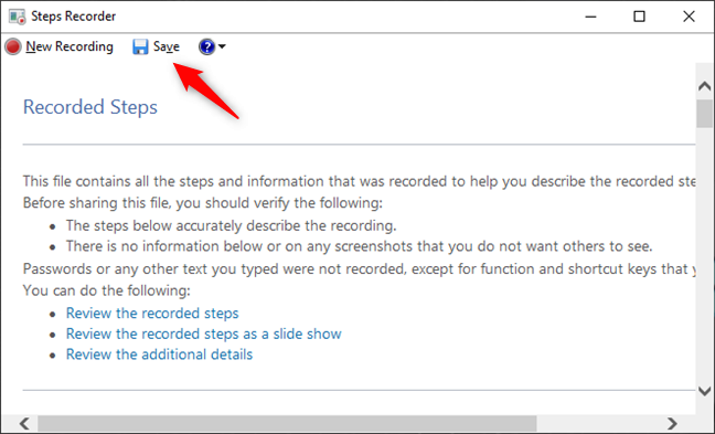 Save a recording with Steps Recorder