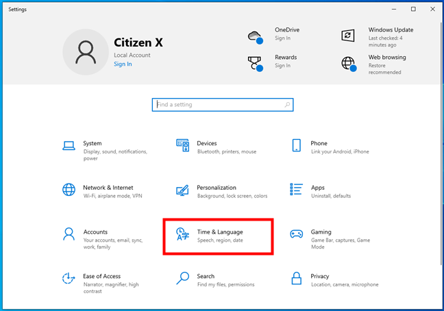 Time & Language in Windows 10's Settings