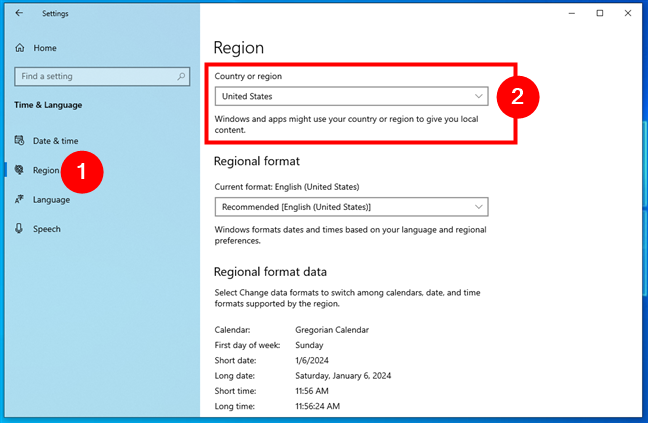 Country or region in Windows 10