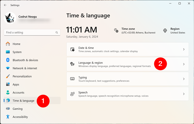 The Language & region settings in Windows 11