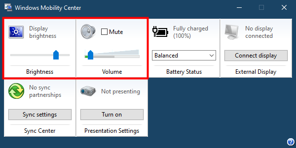 Windows Mobility Center in Windows 10: Brightness and Volume