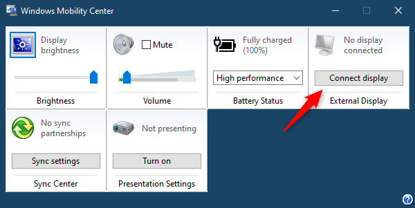 Connect a display via Windows Mobility Center in Windows 10