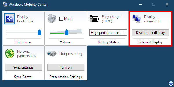 Windows Mobility Center - Display connected