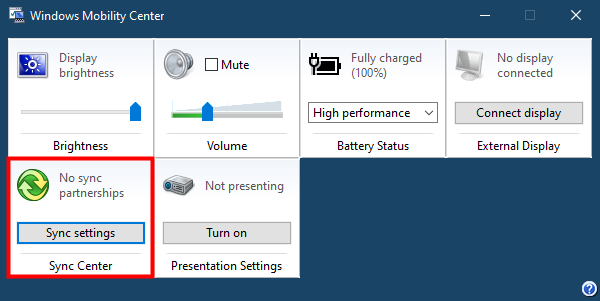 Opening the Sync Center from Windows Mobility Center in Windows 10