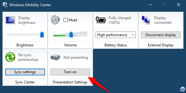 The Presentation Settings from Windows Mobility Center