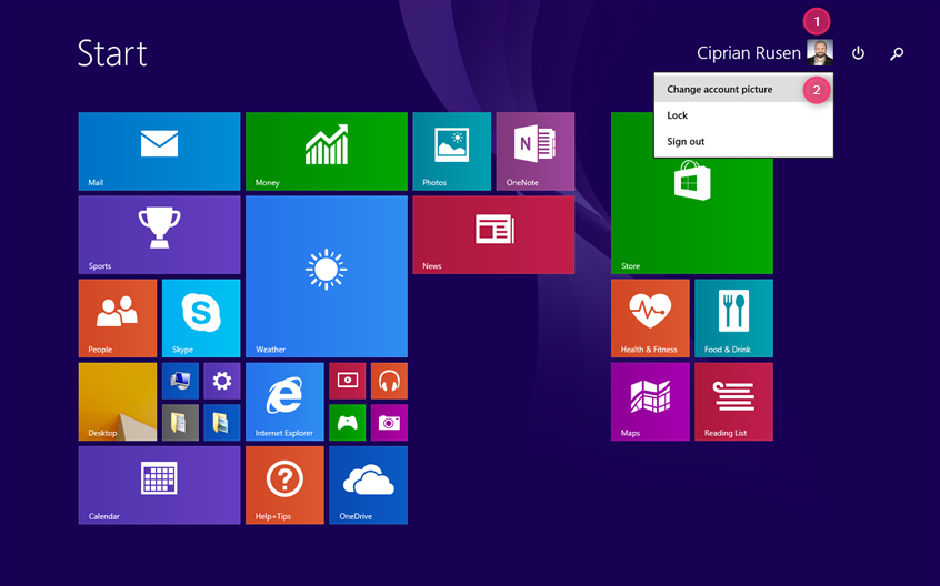 Click or tap your user account and choose Change account picture