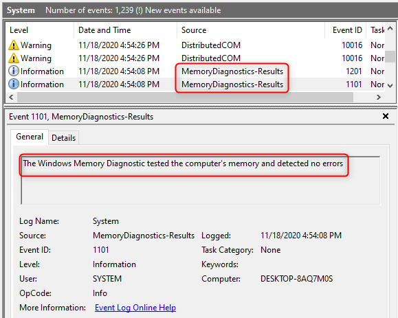 Event Viewer shows details about the Windows Memory Diagnostic